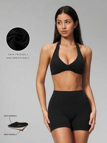MFVIM Women's 2-Piece Yoga Set, V-Neck Halter Backless Top / High Waist Butt-Lifting Shorts Anti-Exposure - Premium Black - View 4