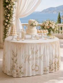 1件象牙色 Just Married 婚禮桌裙，優雅聚酯纖維長方形派對桌布，金色字體、婚戒、白玫瑰與葉子印花，適用甜點桌、蛋糕桌、新娘派對、婚禮接待與慶祝裝飾 - 彩色 - 查看 6