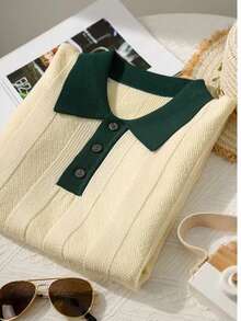 Soft Ribbed Colorblock Polo Knit Sweater Women Spring Autumn Versatile Slim Fit Base Layer Top - Apricot - View 3