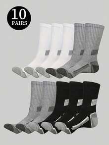 10 Pairs Men's Mid-Calf Socks, Black White Gray Colorway, Striped Ankle Support Design, Comfortable Outdoor Sports Socks, Back To School Season - Multicolor - View 8