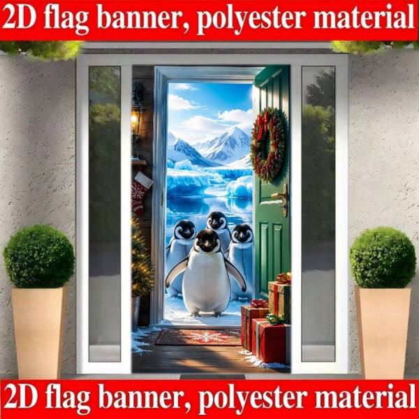 2D Flat Design. 1 Piece Of Christmas-Themed Wide Background. Cute Penguin, Ice, Snow Mountain Theme. Decorated With Christmas Gift Garlands. Made Of Polyester Material.