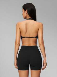 MFVIM Women's 2-Piece Yoga Set, V-Neck Halter Backless Top / High Waist Butt-Lifting Shorts Anti-Exposure - Premium Black - View 6
