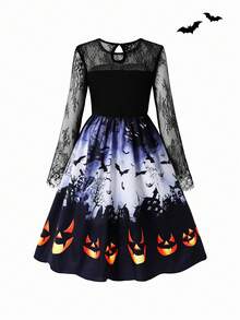 Gaun Halloween Anak Perempuan Motif Kelelawar dengan Patchwork Renda Lengan Panjang - MultiWarna - View 3