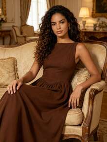 MODA MO, REF: H978 Women's Dress, Long Dress, Sleeveless, Round Neckline, High Waist, Backless, Dress With Zipper, Slim Model, A-Line Dress, Elegant, Modern, Light, Comfortable, Versatile, Refined Look, Casual Chic Dress, Dress For Events, Sophisticated Look, Summer Dress, Quality Finish, Feminine Style. - 巧克力棕 - 查看 7