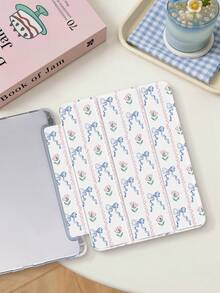 1件 藍色蝴蝶結粉色花朵波浪圖案平板保護殼，相容於 iPad Mini 4/5/6/7/Air/Air 2/9.7/10.2/10.5/10.9 (Air 4-Air 8)/Pro 11/10th Gen/A16/Pro 11 2024、Galaxy A8，彩繪圖案軟殼，三折支架，自動休眠/喚醒，內建筆槽，不含筆 - 彩色 - 查看 4