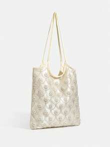 2026 New Beige Beaded Mini Phone Bag, Women's Shoulder Bag, Banquet Bag, Fashionable Commuting Bag, Daily Travel Charm Versatile Casual Crossbody Bag - Beige - View 4