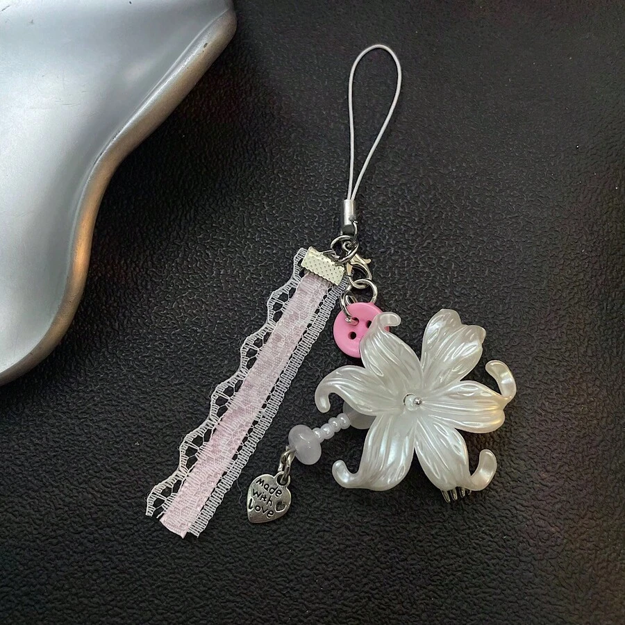 鑰匙圈DIY配件 手鍊珠飾吊墜 藍色與粉色花朵 手機鍊 手腕帶 串珠吊飾 相機吊飾 高端Ins風短鍊 - 粉色 - 查看 1