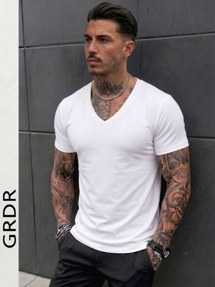 GRDR Men's V-Neck Short Sleeve Shirt, Suitable For Outdoor Casual Wear In Summer - White - View 1
