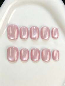 10pcs Handmade Press-On Nails, Short Oval Pink Y2K Minimalist Gentle Cat Eye Solid Color Manicure, Suitable For Women And Girls, Spring Summer Autumn Winter Holiday Party And Daily Wear - Pink - View 12