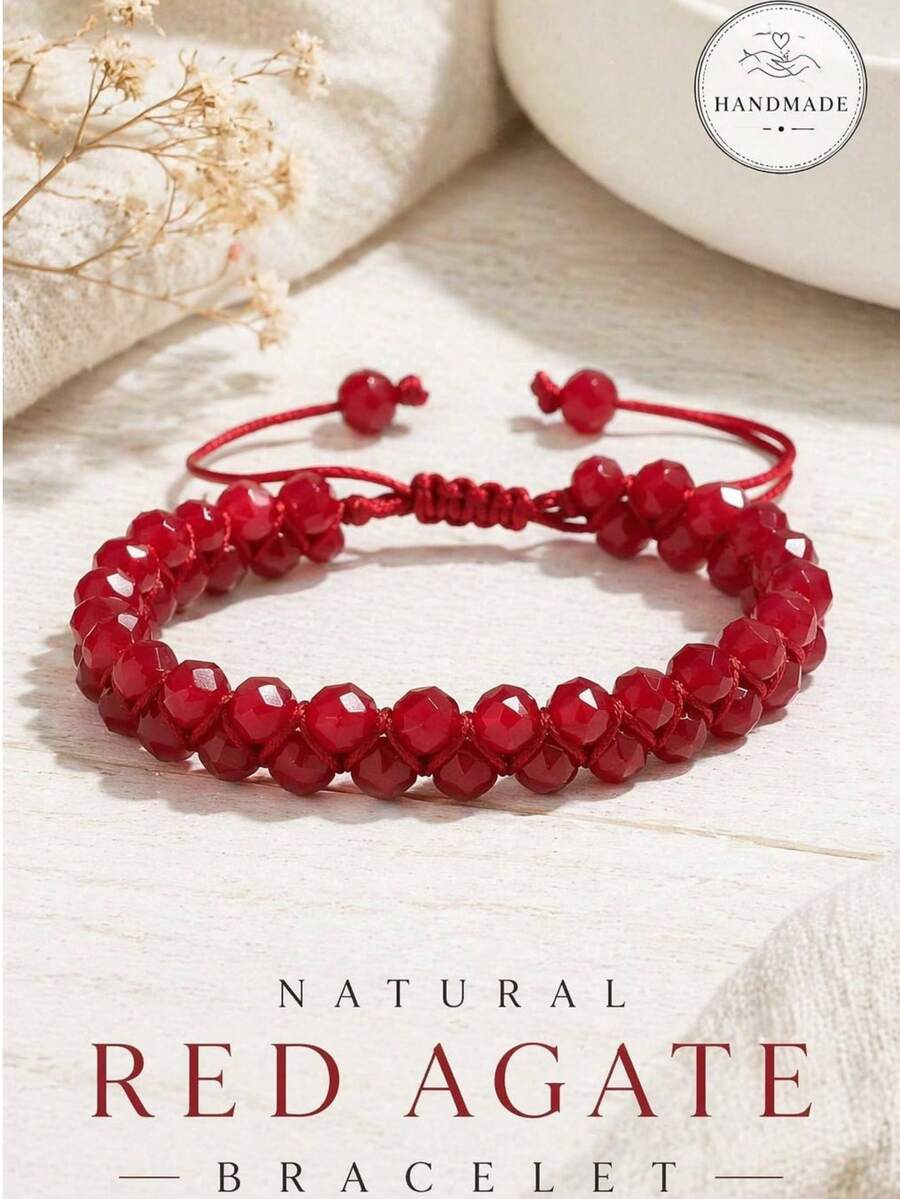 gxtbw 6mm Faceted Natural Red Agate Wine Red Gemstone Double Strand Braided Bohemian Style Bracelet, Meditation Healing Crystal Jewelry, Gift For Women And Men - Greenstone - View 1