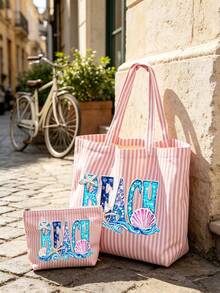 Pink Striped Tote Bag With "BEACH" Shell And Wave Pattern Print, Summer Theme. Large Capacity Striped Handbag And Makeup Bag, Casual Shoulder Bag, Lightweight Shopping Bag, Portable Cosmetic Storage Bag, Suitable For Travel, Shopping, Commuting And Daily Use, Gift For Women, Lovers, Friends, Birthday Gift, Holiday Gift, Party Gift, Vacation Gift, Back To School Gift, Anniversary Gift, Teacher Gift - Multicolor - View 15