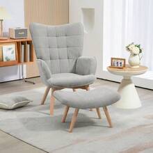 Wingback Armchair With Footrest, Lounge Chair, Padded Armchair With Corduroy Look, Lounge Chair, Armchair With Armrests And Wooden Legs, TV Armchair For Living Room, Grey - Grey - View 7