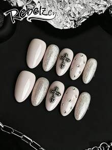 10pcs Handmade Press-On Nails, Medium Almond Shape Mirror Nude Color Fake Nails, Vintage Y2K Style, Silver Glitter, Metal Cross & Mini Rhinestone Decor, Easy To Apply Nail Supplies, Travel Essential, Suitable For Party & Wedding. Cute Nails, Summer Manicure. French Manicure. Pink Nails, Halloween Manicure Handmade Acrylic Nails, Back To School Manicure, Handmade Nail Stickers - Baby Pink - View 2