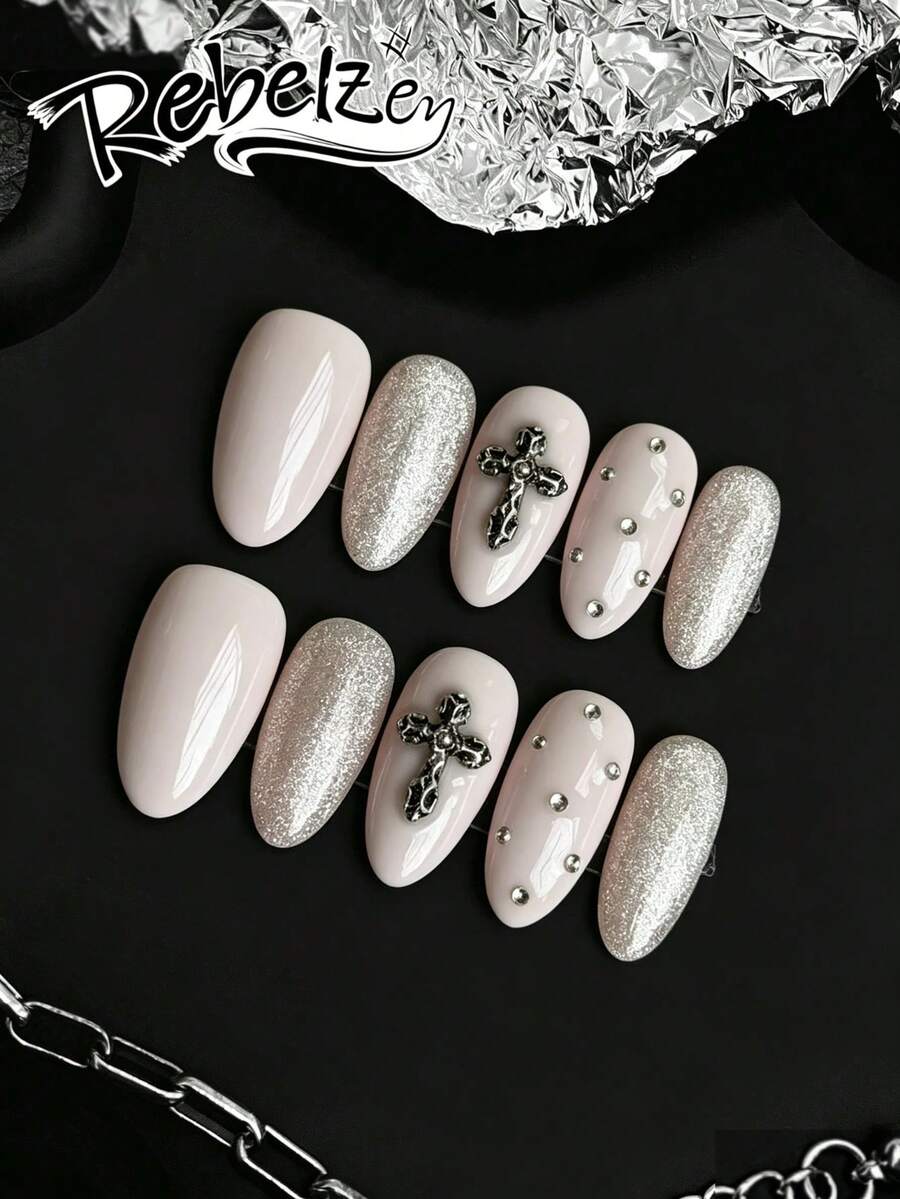 10pcs Handmade Press-On Nails, Medium Almond Shape Mirror Nude Color Fake Nails, Vintage Y2K Style, Silver Glitter, Metal Cross & Mini Rhinestone Decor, Easy To Apply Nail Supplies, Travel Essential, Suitable For Party & Wedding. Cute Nails, Summer Manicure. French Manicure. Pink Nails, Halloween Manicure Handmade Acrylic Nails, Back To School Manicure, Handmade Nail Stickers