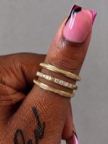 3 piezas Set de anillos brazalete minimalistas mate chapados en oro de 18K de acero inoxidable para mujeres, joyería simple y apilable, impermeable para uso diario - Conjunto de tres piezas de anillo - Ver 12