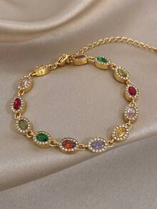 Women's Elegant Luxury Colorful Zirconia Chain Necklace & Bracelet Set, Stainless Steel Gold Chain Necklace, Party Birthday Christmas Jewelry Gift - Multi-color 2 - View 12