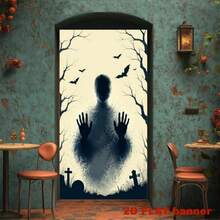 2D Flat 1 Piece Of Halloween Horror-Themed Banner Background, Featuring Shadowy Human Silhouettes, Bats, Dead Branches, And Tombstones. Made Of Polyester Material. - 90 X 180 cm - View 4