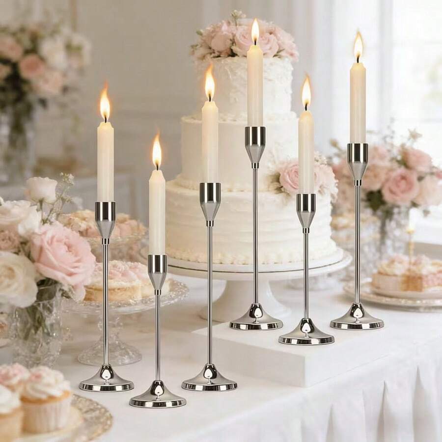 6/3Pcs Silver Metal Taper Candle Holders Set, Multi Height Tall Short Candlestick Table Centerpiece Decor, Modern Candle Stand For Wedding Reception, Dinner Table, Fireplace Mantel, Farmhouse Home Decor, Housewarming Gift, Candles Not Included