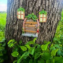 3pcs Welcome Wooden Gnome Door Decor Tree Ornament Set, Green Leaf Roof Mini Fairy House Window Hanging Decor, Outdoor Garden Tree Art Hanging Decor, Fairy Garden Decoration - Leaf Tree Hanging Decoration - View 8