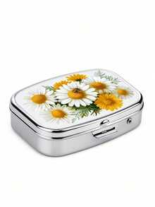 1pc Elegant Yellow & White Daisy Pattern Square Portable Small Pill Box, High-Quality Durable Metal Shell, 2-Layer Storage For Pills, Vitamins And Keepsakes, Pocket Size, Creative Gift - Multicolor - View 12