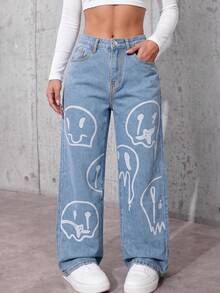Y2K Inspired Women's Denim Jeans, Light Wash Straight Leg With Unique Melting Face Graphic, Casual Button Detail Design - Blue - View 2