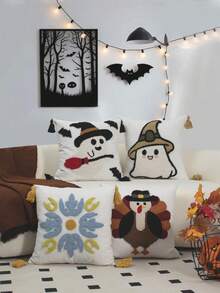 1 Stück/2 Stücke bunte Blumenmuster Kissenbezug, quadratischer Kissenbezug aus Segeltuch, Stickerei mit Schlaufen-Garn und Eck-Quasten-Akzenten, Halloween dekorativer Kissenbezug, Wohnzimmer Schlafzimmer Veranda Sofa, Landhausstil tägliche Heimdekoration, ganzjährig, ohne Füllung, 45*45cm - Verschiedenfarbig - Übersicht 11