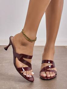 Women's Summer Burgundy Glossy Kitten Heel Open Toe Sandals Unique Z-Strap Slip-On Mule High Heel Sandals Elegant Style Exquisite Versatile Suitable For Banquet Party Date Commute Vacation Daily Gathering Shopping Outfit Mature Fashion High-End Women's Shoes - Burgundy - View 2