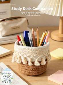 1pc/10pcsPen Holder Back To School Supplies, Tassel Woven Desktop Storage Basket, Multi-Use Stationery Organizer For Back To School Vacation Travel, Decorative Desk Pen Cup For Dorm Study Room, Ideal Gift For Students - Multiple Styles - View 3