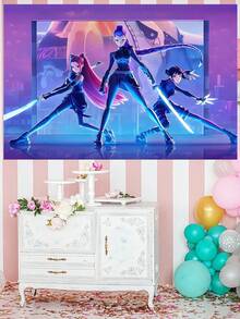 KPop Demon Hunters Rumi, Mira, Zoe Themed Party Background Fabric Is Suitable For Banners, Home Decor, Birthday Gifts, Props, Atmosphere Decoration, And Cute Gifts For Festivals And Parties - Multicolor - View 1