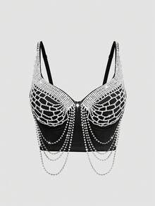 Tank Top Seksi Model Crop Top Berkilau dengan Rumbai dan Hiasan Berlian Imitasi untuk Pertunjukan Klub Malam Wanita - Hitam - View 6