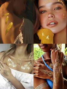 3/1pc Gold Temporary Tattoo Stickers, Gold Freckle Metallic Tattoo Stickers For Women Adults, Waterproof Gold Tattoo Stickers With Feather, Flower, Star, Mandala Patterns, Suitable For Beach, Festival, Music Party - Gold - View 2