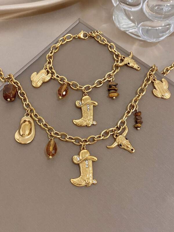 Mexican Western Cowboy Hat Boots Cow Head Chain Necklace Set For Women Stainless Steel Golden Chain Bracelet For Party Birthday Christmas Jewelry Gift