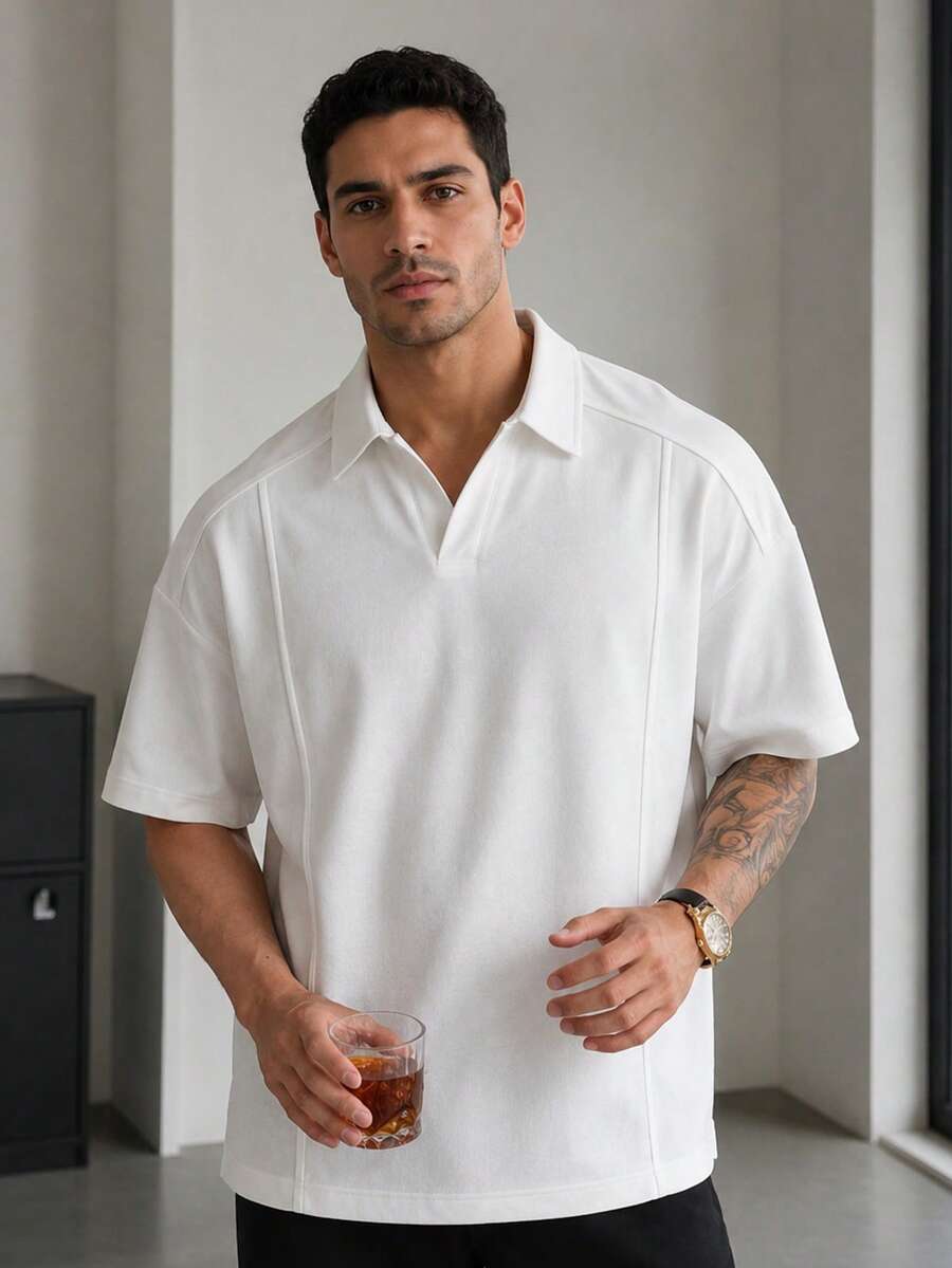 1pc Blueprint Man Men's Polo Shirt, White Collarless Polo Shirt With Seam Splitting Design, Breathable Knit Fabric, Wrinkle-Resistant, Casual Business Short Sleeve For Daily Commute And Business Attire - White - View 1