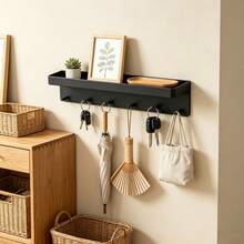 1pc Wall-Mounted Key Rack With 6 Hooks, Kitchen Storage Shelf Organizer, Bathroom Adhesive Holder For Keys Clothes Umbrella, Modern Design Home Wall Decor Hanger Stylish (Black, White) - Multicolor - View 7