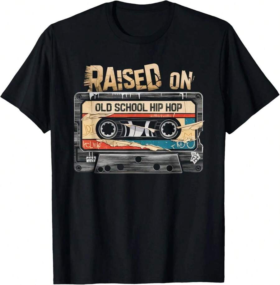 RAISED ON OLD SCHOOL HIP HOP Tshirt Cassette Graffiti Rap T-Shirt - 黑色 - 查看 1