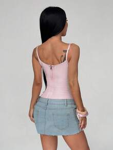 Camisole Rajut Slim Fit Warna Polos dengan Trim Kontras, Atasan Tank Pendek Leher Persegi dengan Resleting Belakang, Pakaian Dalam untuk Liburan Pantai Kasual - Berwarna merah muda - View 7