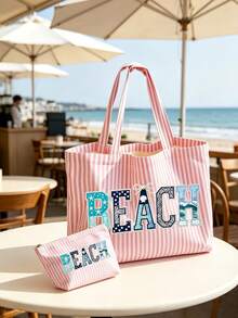 Pink Striped Tote Bag With "BEACH" Shell And Wave Pattern Print, Summer Theme. Large Capacity Striped Handbag And Makeup Bag, Casual Shoulder Bag, Lightweight Shopping Bag, Portable Cosmetic Storage Bag, Suitable For Travel, Shopping, Commuting And Daily Use, Gift For Women, Lovers, Friends, Birthday Gift, Holiday Gift, Party Gift, Vacation Gift, Back To School Gift, Anniversary Gift, Teacher Gift - Multicolor - View 12