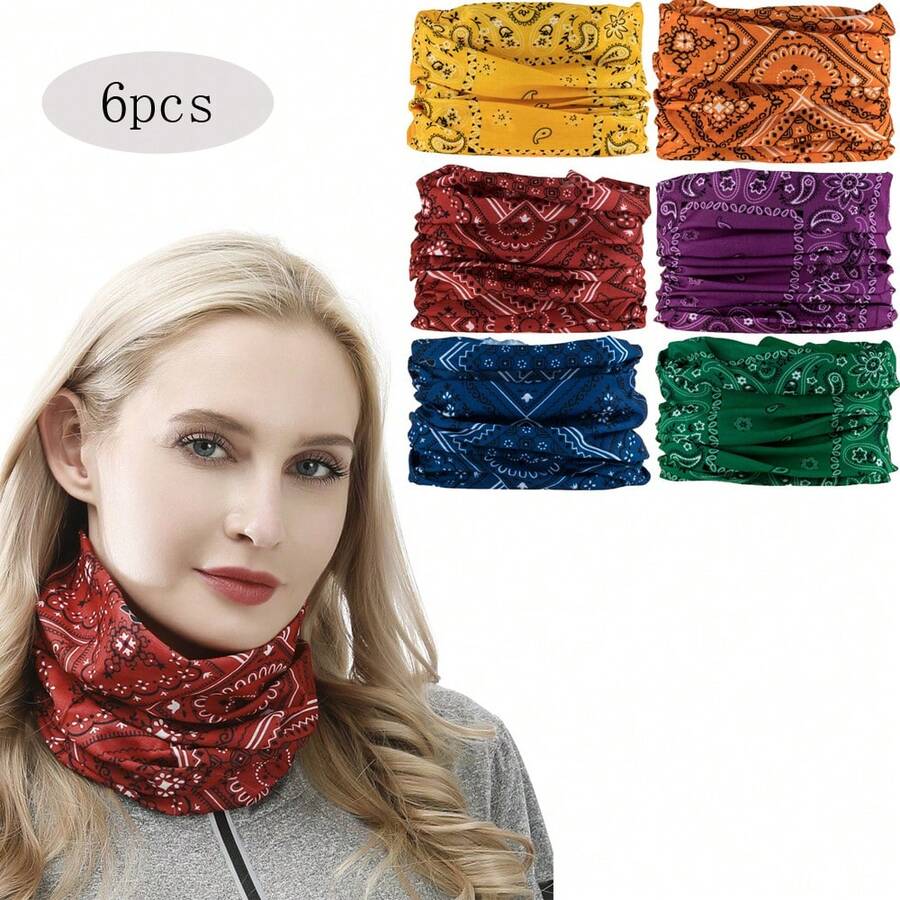 6pcs Vintage Paisley Pattern Neck Gaiter, Seamless Magic Headscarf, Headband, Scarf, Elastic Face Mask, Multi-Functional Headwear, Suitable For Cycling, Motorcycle, Outdoor Sports, Unisex - Multicolor - View 1