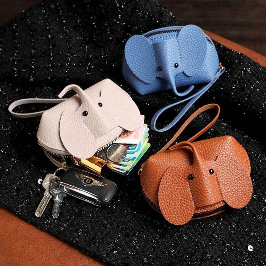 Dompet Koin Gajah 3D Lucu, Dompet Mini Kulit Imitasi Lychee, Dompet Kartu dan Kunci Portabel dengan Resleting untuk Menyimpan Koin, Lipstik, dan Barang Kecil Lainnya - View 1
