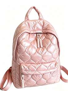 Mochila acolchada con corazón rosa, de nailon suave con acolchado, tejido de punto, cordón y cremallera, gran capacidad, mochila escolar para estudiantes y viajes diarios - Rosa - Ver 2