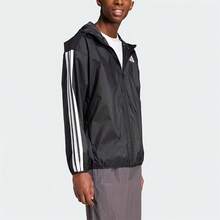 Jaket adidas Essential 3-Stripes Ripstop Windbreaker Series Sport Striped Hooded Zip-Up Waterproof Windproof Long-Sleeve Jacket for Men - Hitam - View 3