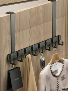 1pc Heavy Duty No-Drill Door Hook Rack, Suitable For Hanging Clothes, Bathrobes, Hats, Towels, Bathroom Storage, 7-Hook Wall-Mounted Coat Rack, Suitable For Door, Kitchen, Bathroom, Bedroom, Home Decor, Kitchen Accessories, Bathroom Decor, Bedroom Decor, Wall-Mounted Storage Rack, Kitchen Storage Rack, Key Rack, Bag Rack, Wall-Mounted Coat Rack - Black - View 1