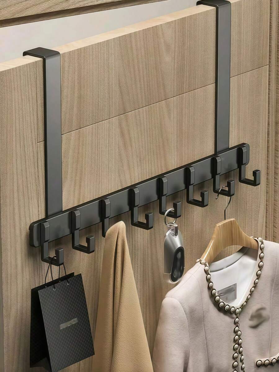 1pc Heavy Duty No-Drill Door Hook Rack, Suitable For Hanging Clothes, Bathrobes, Hats, Towels, Bathroom Storage, 7-Hook Wall-Mounted Coat Rack, Suitable For Door, Kitchen, Bathroom, Bedroom, Home Decor, Kitchen Accessories, Bathroom Decor, Bedroom Decor, Wall-Mounted Storage Rack, Kitchen Storage Rack, Key Rack, Bag Rack, Wall-Mounted Coat Rack - Black - View 1