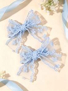 2pcs Blue Lace Hair Bow For Teen Girls, Delicate Bow Knot Alligator Clip, Daily Hairpin Set, Sweet Teen Girls Hair Accessories - Blue - View 9