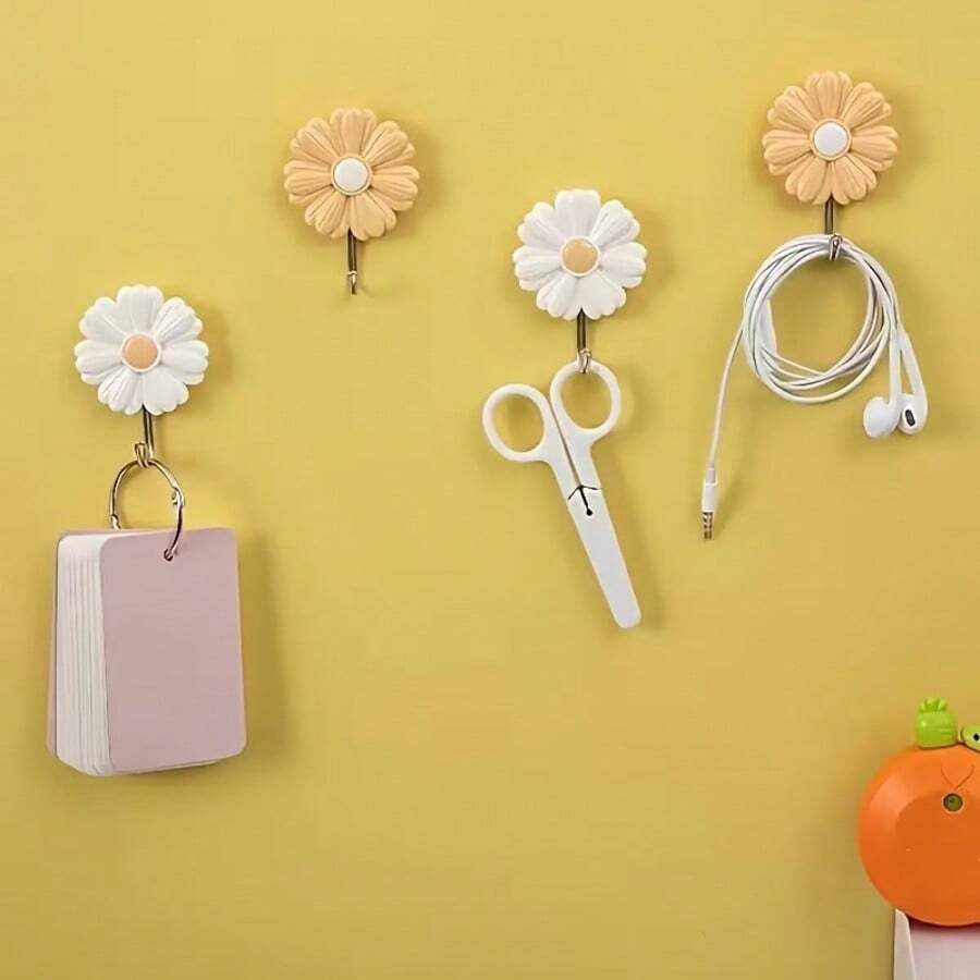 2/4pcs Pastoral Style Daisy Hooks, No-Drill Plastic Wall & Door Adhesive Hooks With High Load Capacity, Suitable For Kitchen, Bedroom, Bathroom, Study