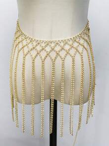 1pc Sexy White Tassel Rhinestone Bling Waist Chain, Nightclub Stage Performance Fun Jewelry Body Chain - Gold - View 3