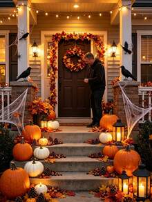 116pcs/Set Halloween Thanksgiving Artificial Pumpkin With Autumn Maple Leaf Decoration Set, Orange And White Realistic Pumpkins, Farmhouse Style Table, Mantel, Wall, Shelf Decor Autumn Theme Ornaments, Autumn Party Photo Props, Indoor Home Holiday Decoration Supplies - A - View 8