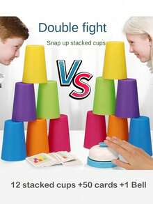 1 Set Juego de Apilamiento Rápido de Tazas, Juguete Interactivo de Apilamiento Rápido para Padres e Hijos, Incluye Tarjetas de Patrones y Campana, Juego de Mesa de Entrenamiento Lógico Educativo, Adecuado para Reuniones Familiares - Multicolor - Ver 2