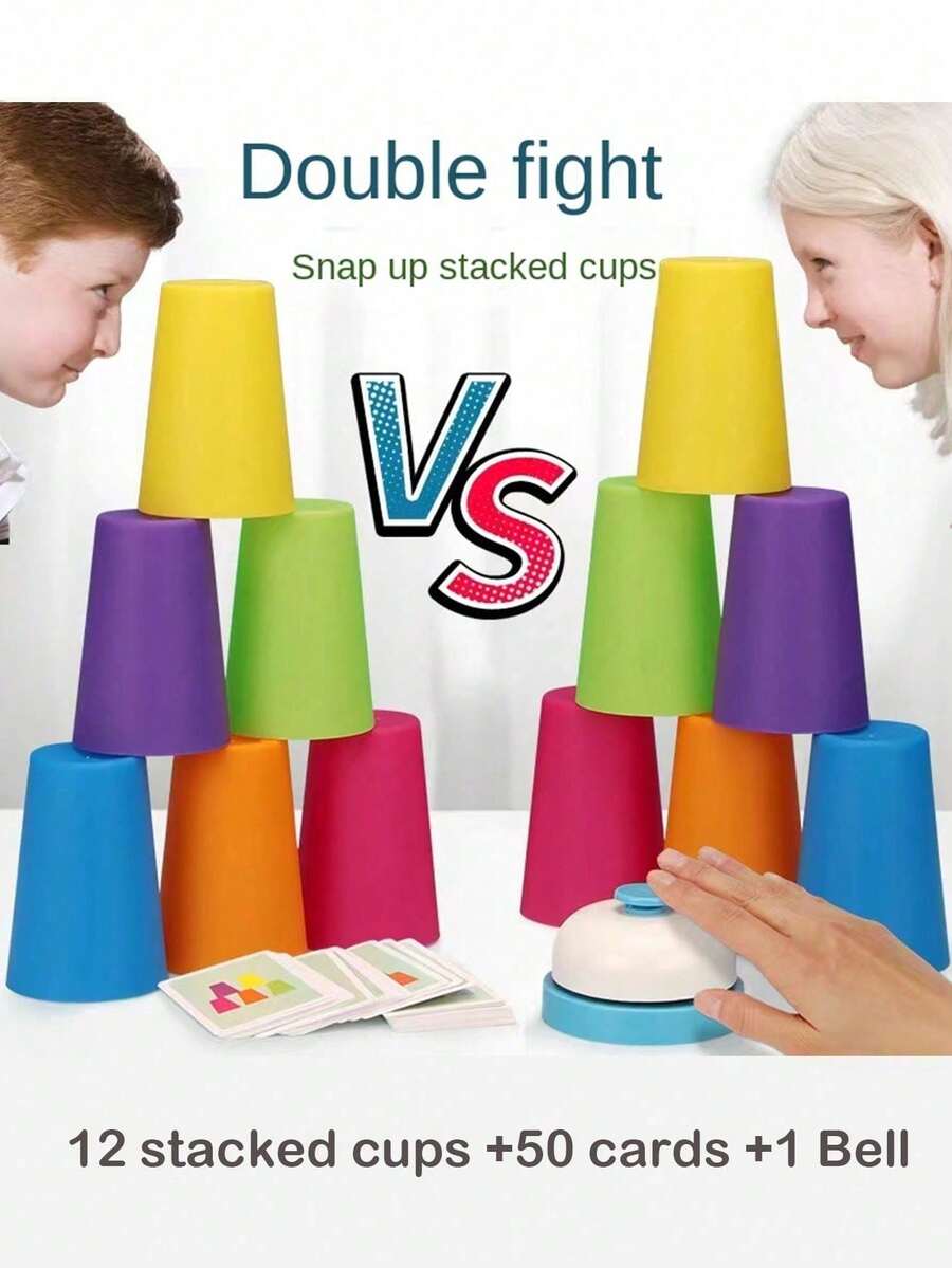 1 Set Juego de Apilamiento Rápido de Tazas, Juguete Interactivo de Apilamiento Rápido para Padres e Hijos, Incluye Tarjetas de Patrones y Campana, Juego de Mesa de Entrenamiento Lógico Educativo, Adecuado para Reuniones Familiares