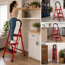 3-Step Folding Ladder, Aluminum, Indoor/Outdoor Step Ladder, Portable Multifunctional (Red, 3 STEPS) - C - 查看 5